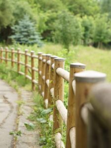 A peaceful rural scene with a wooden fence and lush greenery, perfect for serene backgrounds.